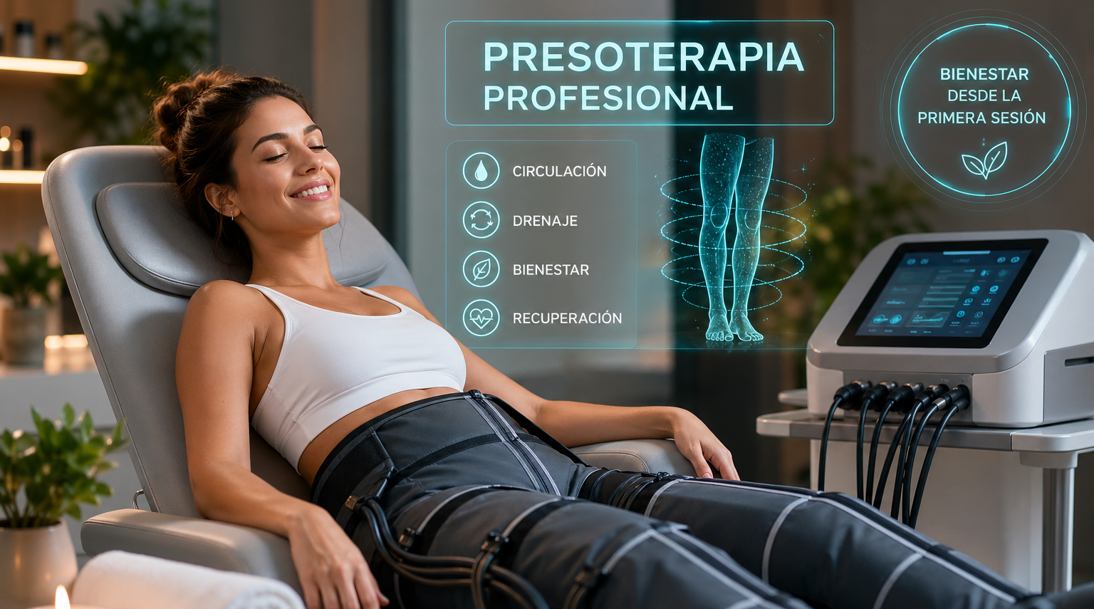 Mujer recibiendo tratamiento de presoterapia profesional en un centro de bienestar